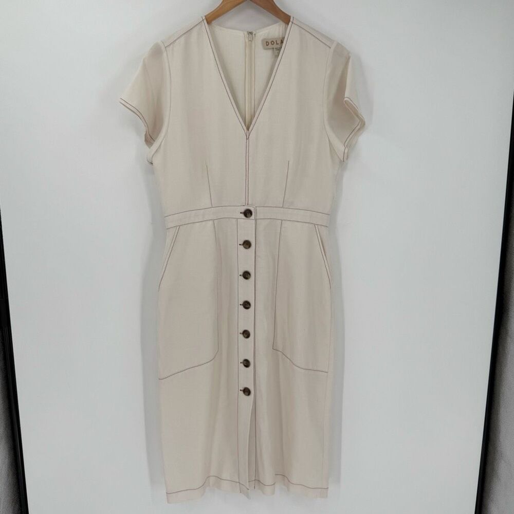 Dolan Tencel Linen Button Front Midi Dress Short Sleeve Ivory Wonen Size Large
